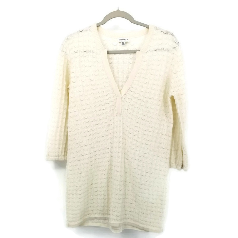 Calvin Klein V-Neck Long Tunic Sweater Cotton Wool - Picture 3 of 8